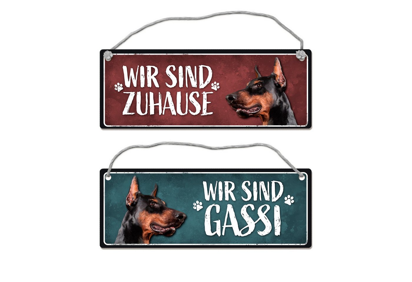 speecheese Metallschild Wir sind Gassi/Zuhause Dobermann Wendeschild mit Kordel Schild von speecheese