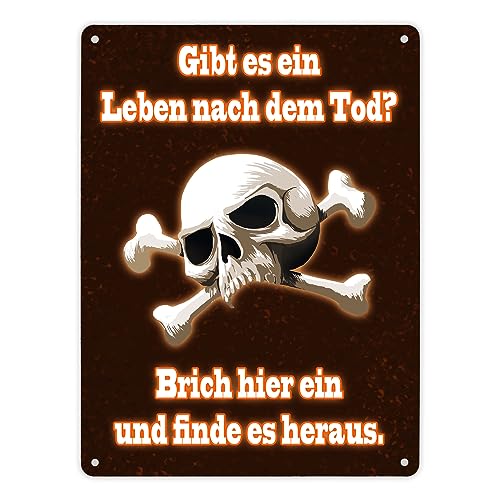 Metallschild XL in 21x28 cm mit Totenkopf Leben nach dem Tod Einbrecher Warnung Drohung Verbotsschild für Privatgrundstück mit lustiger Drohung und Totenkopfmotiv zur Abschreckung von speecheese