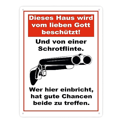 Metallschild XXL in 28x38 cm Dieses Haus wird von Gott beschützt und einer Schrotflinte Warnschild für Diebe Haustüre Shotgun Diebstahl vertreiben Schutzschild Schutz vor Einbruch von speecheese