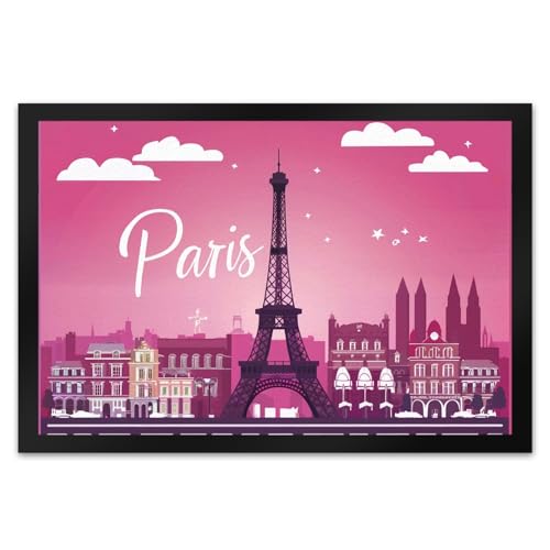 speecheese Paris Skyline Fußmatte XL in 40x60 cm Eiffelturm Wahrzeichen und Stadt in Rosa Design - Aufschrift auf charmantem Hintergrund - Farbenfroh Pariser Skyline von speecheese