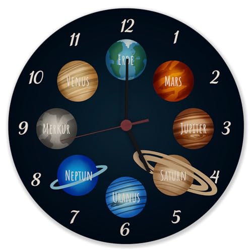 speecheese Planeten des Sonnensystems Wanduhr aus Alu für Kinder Lernuhr für das Kinderzimmer mit schönem Universum Weltall um Kindern die Galaxie zu Zeigen von speecheese