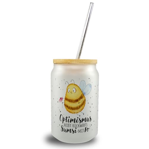 Pummel Biene Trinkglas mit Bambusdeckel mit Spruch Optimismus heißt rückwärts Sumsi mit Po Hummel Design Frühlings-Honig Spaß Witziger Geburtstagsgruß von speecheese