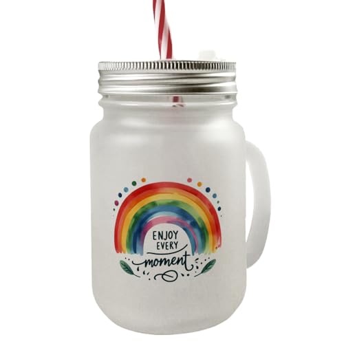 Regenbogen Mason Jar Henkel Trinkglas mit Deckel mit Spruch Enjoy every moment Motivation regenbogenfarben bunt rot orange gelb grün für farbenfrohe Momente im Alltag von speecheese