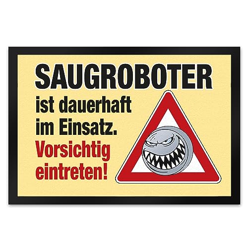 speecheese Saugroboter im Einsatz Fußmatte XL in 40x60 cm in gelb mit Spruch Vorsichtig eintreten! EIN besonderer Fußabtreter für den Hausflur Putzen Saugen Staub Dreck Staubsaugroboter von speecheese