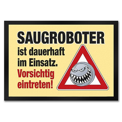 speecheese Saugroboter im Einsatz Fußmatte in 35x50 cm in gelb mit Spruch Vorsichtig eintreten! EIN besonderer Fußabtreter für den Hausflur Putzen Saugen Staub Dreck Staubsaugroboter von speecheese