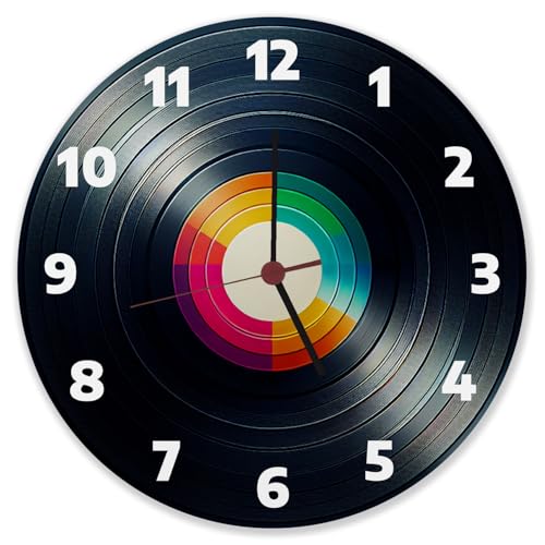 speecheese Schallplatte Wanduhr aus Alu Kreisförmige Wanduhr aus Alu im Design Einer Vinyl Schallplatte Bunt Farbenfroh mit Vinyl-Label Einzigartige Musik Deko von speecheese
