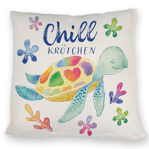 speecheese Schildkröte Kissen mit Spruch Chillkrötchen EIN buntes DekoKissen für die Couch KuschelKissen Chillkrötchen Kinder Bunte Turtle Regenbogen Unterwasser glücklich Sofa bunt niedlich von speecheese