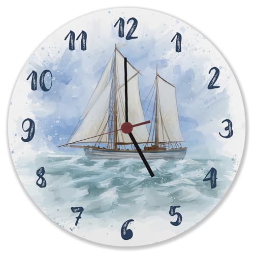 speecheese Segelschiff Wasserfarbenoptik Wanduhr Schöne Uhr mit gemaltem Segelboot als Dekoration für das Boot oder Geschenkidee für Segler mit maritimem Motiv von speecheese