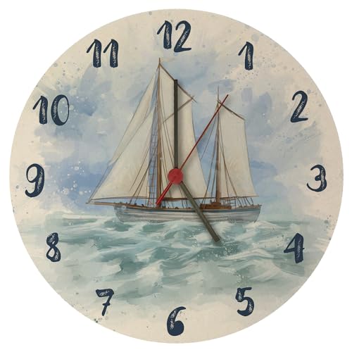 speecheese Segelschiff Wasserfarbenoptik Wanduhr Schöne Uhr mit gemaltem Segelboot als Dekoration für das Boot oder Geschenkidee für Segler mit maritimem Motiv von speecheese