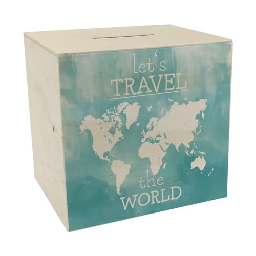 Spardose aus Holz mit Weltkarten Motiv und Text - Let's travel The World in Blau Spardose aus Holz mit Wasserfarbenmotiv und schönem Design um auf eine Weltreise oder den nächsten von speecheese