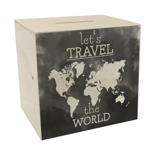 Spardose aus Holz mit Weltkarten Motiv und Text - Let's travel The World in Schwarz Spardose aus Holz mit Wasserfarbenmotiv und schönem Design um auf eine Weltreise oder den von speecheese