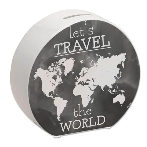 Spardose mit Weltkarten Motiv und Text - Let's travel The World in Schwarz Spardose mit Wasserfarbenmotiv und schönem Design um auf eine Weltreise oder den nächsten Urlaub im von speecheese