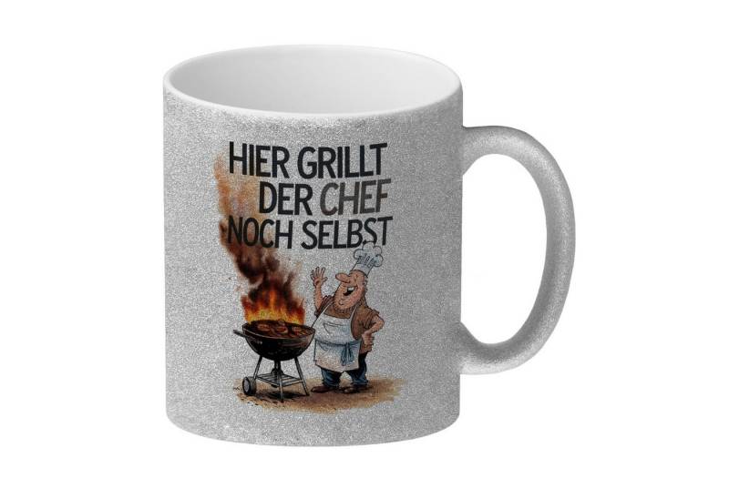 speecheese Tasse Fröhlicher Koch am Grill Glitzer-Kaffeebecher Chef grillt selbst von speecheese
