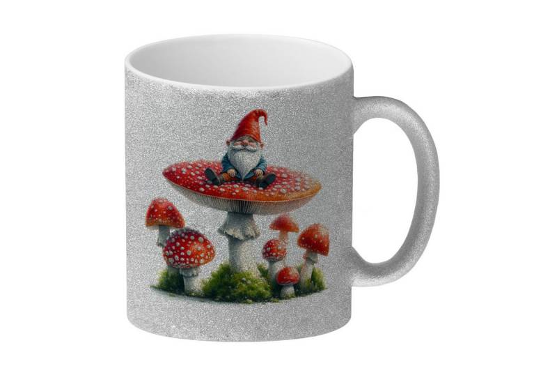 speecheese Tasse Gartenzwerg auf einem Fliegenpilz Glitzer-Kaffeebecher von speecheese