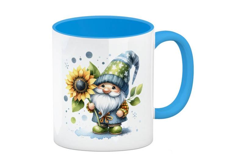 speecheese Tasse Gartenzwerg mit Sonnenblume Kaffeebecher in hellblau von speecheese