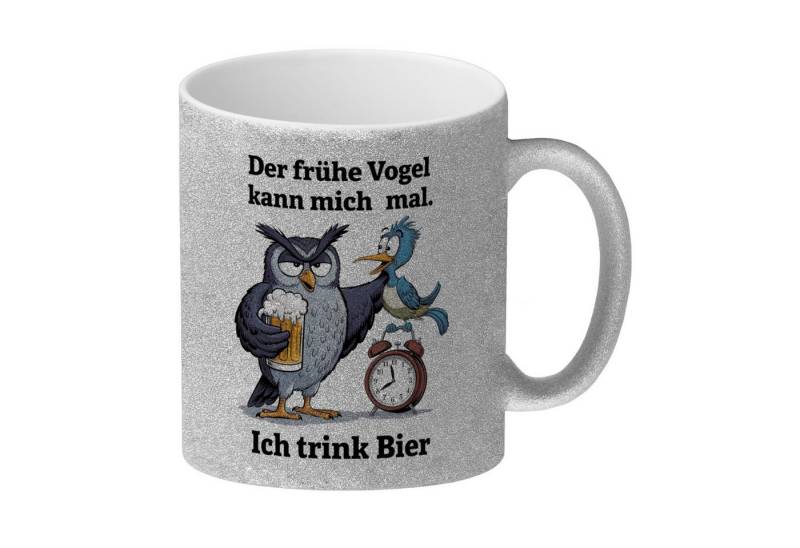 speecheese Tasse Graue Eule mit Bierkrug Der frühe Vogel kann mich mal Glitzer von speecheese