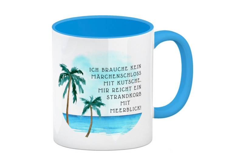 speecheese Tasse Strandkorb und Meerblick Kaffeebecher in hellblau mit Spruch von speecheese