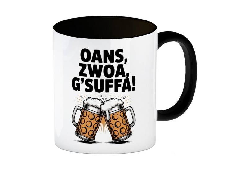 speecheese Tasse Zwei Bierkrüge Oans, zwoa, g’suffa Kaffeebecher in schwarz von speecheese