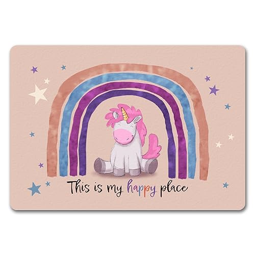 speecheese This is My Happy Place Fußmatte in 35x50 cm ohne Rand mit niedlichem Einhorn Baby Kinder Lieblingsplatz Dekoration Unicorn Regenbogen Sterne Kinderzimmer von speecheese