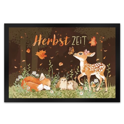 speecheese Tier des Waldes Fußmatte XL in 40x60 cm mit Spruch Herbstzeit EIN bunter Türvorleger mit Fuchs Igel und REH für Naturfreunde Motiv Frauen Geburtstag Herbst Fußabtreter Natur von speecheese