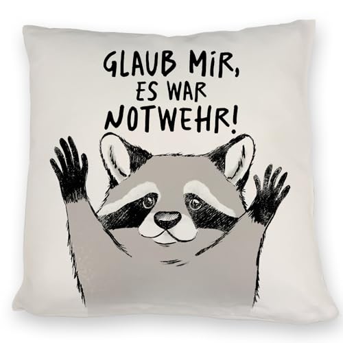 speecheese Waschbär Kissen mit Spruch Glaub Mir es war Notwehr EIN bequemes DekoKissen für die Couch lustiges Motiv Männer Geburtstag Räuber Spruch Kuscheliger Kissen bezug Bedruckt Witz von speecheese