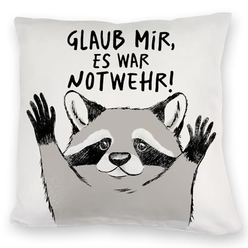 speecheese Waschbär Kuschelkissen mit Spruch Glaub Mir es war Notwehr EIN bequemes DekoKuschelkissen für die Couch lustiges Motiv Männer Geburtstag Räuber Spruch Kuscheliger Kuschelkissen von speecheese