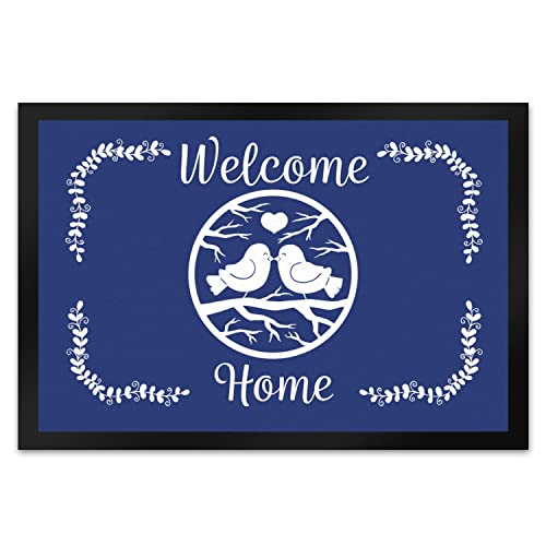 speecheese Welcome Home Fußmatte XL in 40x60 cm mit niedlichen Vögeln in blau als schöne Frühling oder Osterdekoration für Haus und Garten um alle Gäste willkommen zu heißen von speecheese