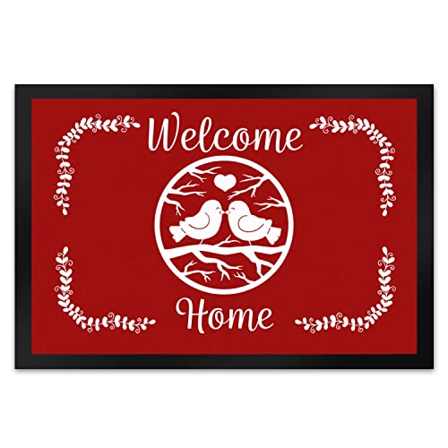 speecheese Welcome Home Fußmatte XL in 40x60 cm mit niedlichen Vögeln in rot als schöne Frühling oder Osterdekoration für Haus und Garten um alle Gäste willkommen zu heißen von speecheese