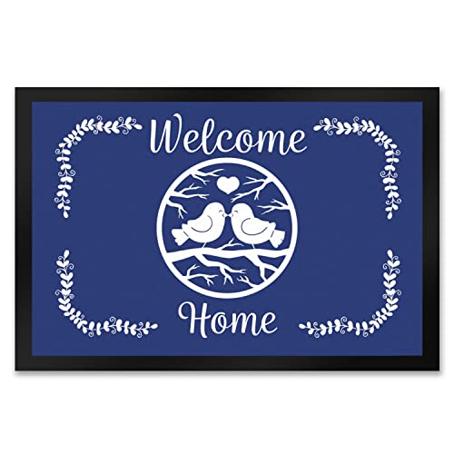 speecheese Welcome Home Fußmatte XXL in 50x75 cm mit niedlichen Vögeln in blau als schöne Frühling oder Osterdekoration für Haus und Garten um alle Gäste willkommen zu heißen von speecheese