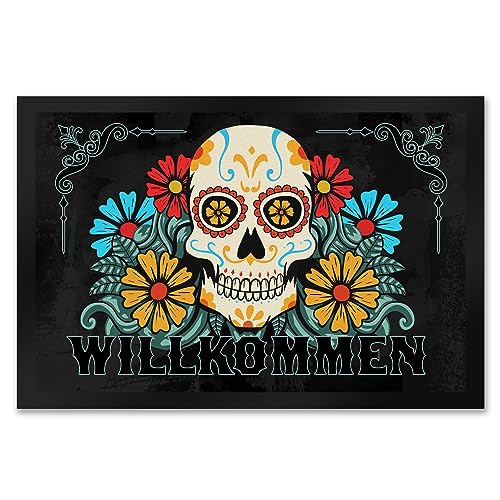 speecheese Willkommen Fußmatte XXL in 50x75 cm mit Totenkopf und Blumenmotiv bunter Fußabstreifer mit Totenschädel kreative Dekoration für den Hauseingang von speecheese