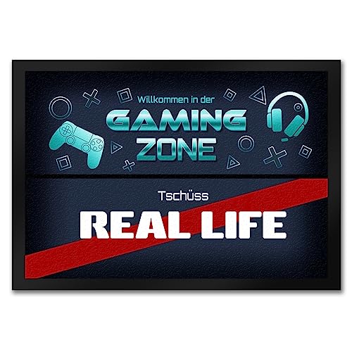 speecheese Willkommen in der Gaming Zone Tschüss Real Life Fußmatte in 35x50 cm Zocken Geschenkidee Geburtstag Weihnachten Rechner Laptop Notebook Zocker Zimmer Geschenk Abenteurer Spieler von speecheese