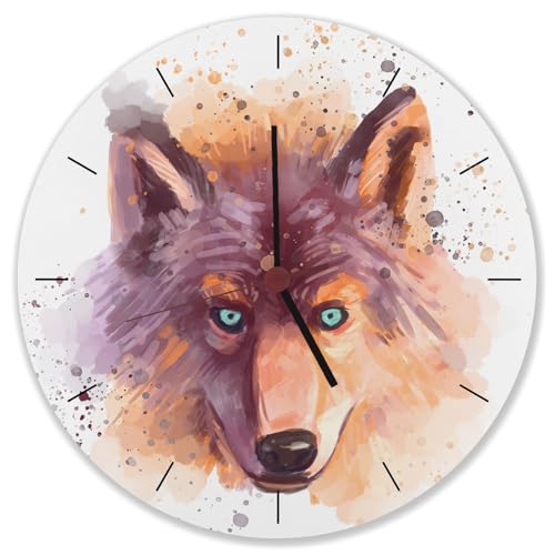 speecheese Wolf in Wasserfarbenoptik Wanduhr Schöne Uhr mit gemaltem Wolfskopf als Dekoration für das Kinderzimmer oder Dein kleines Atelier von speecheese