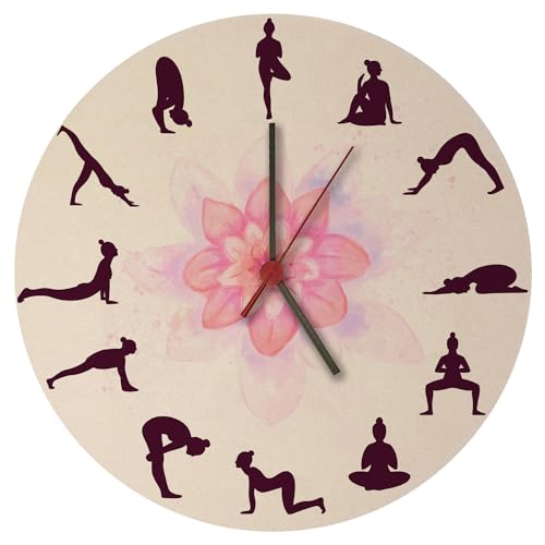 speecheese Yoga Wanduhr mit verschiedenen Yogastellungen Witzige Uhr für Yogasport Yogastudio mit Blumenmotiv für mehr Sport und Beweglichkeit im Alltag von speecheese