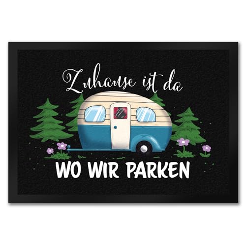 speecheese Zuhause ist da, wo wir parken Schwarze Fußmatte in 35x50 cm mit Camper-Motiv EIN farbenfroher Fußabtreter als hübsche Geschenkidee für Camping-Begeisterte in jeder Jahreszeit von speecheese