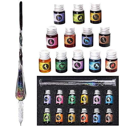 spier Glas-Dip-Pen-Tinten-Set - Kalligraphie-Dip-Stifte Kristallkalligraphie-Pen- und Ink-Set mit 12 bunten Tinten für das Schreiben von Kunstunterschriften von spier