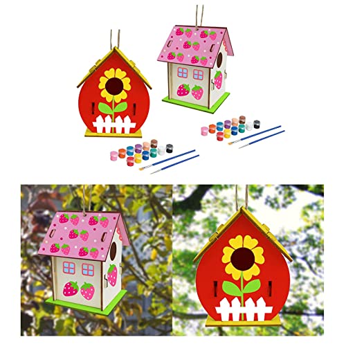 2x DIY Holz Vogelhaus Bausatz Unlackiert Bauen Malen Sie Ihr eigenes hängendes Vogelhaus Set für Gartendekoration Inklusive 24 Farben 4 Pinsel von sporful
