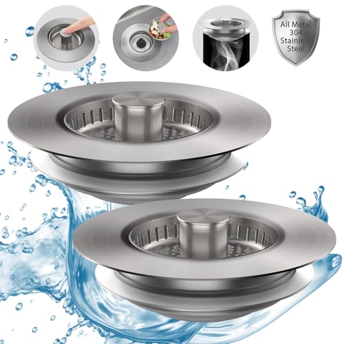 Abflusssieb für Küchenspüle, Edelstahl, 3-in-1-Stopfen, Anti-Verstopfungskorb, geruchshemmende Abflussabdeckung für US-Standard 8,9 cm Spüle, 2 Stück (Chrom, Edelstahl) von sporful