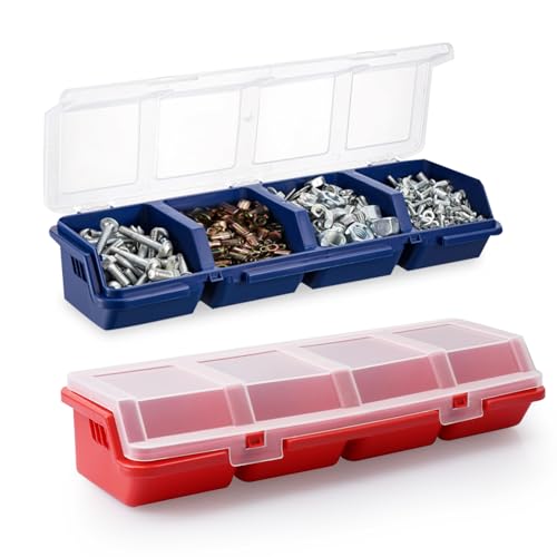 Sporful Kleinteile-Organizer mit Deckel – 2 Stück Muttern und Schrauben, 4 Fächer, stapelbarer Schrauben-Organizer für Hardware, Werkzeuge, Nägel, Garage, Werkstatt, Schublade und Schrank von sporful