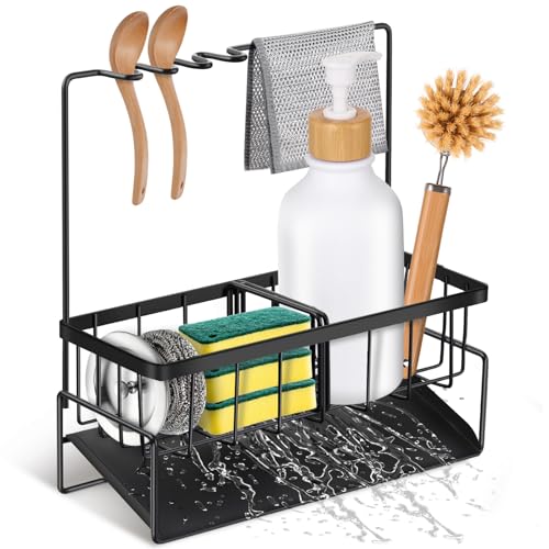 Sporful Küchenspüle Caddy Organizer – Schwarzer Eisen-Schwammhalter mit verstellbarer Trennwand, selbstentleerender Ablage und Geschirrtuchregal – Spültisch-Organizer für Seife, Bürsten und von sporful