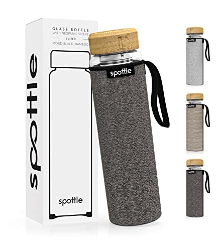 spottle Glas-Teeflasche mit Edelstahl-Sieb – Doppelt isoliertes Borosilikatglas, Kaltbrüh-Wasserflasche mit Neoprenhülle, spülmaschinenfest, 1L von spottle