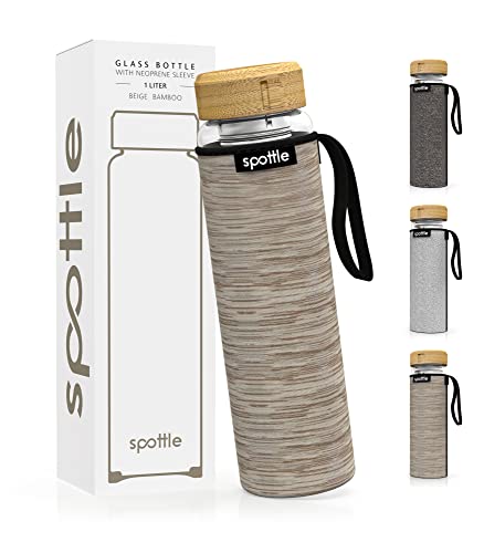 spottle Glas-Teeflasche mit Edelstahl-Teesieb – Doppelwandiges Borosilikatglas, Kaltbrüh-Wasserflasche mit Neoprenhülle, Spülmaschinenfest, 1L von spottle