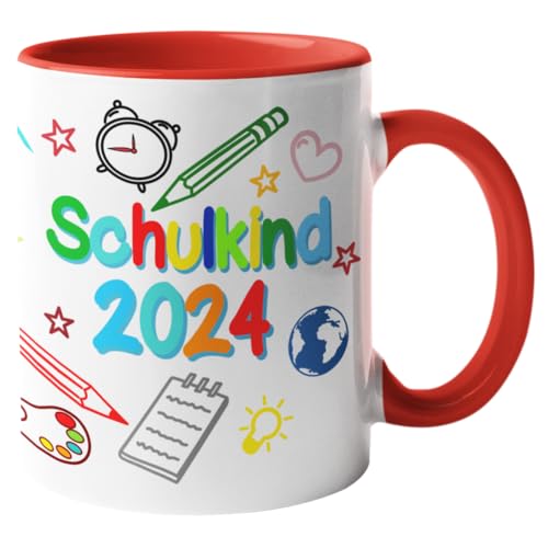 Schulkind 2024 | Tasse zur Einschulung 2024 | Schulbeginn 2024 Tasse | Geschenk zum Schulanfang 2024 (Henkel & Innen Rot) von spruchklopferei