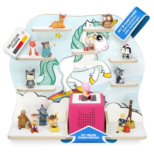 stadtecken Holzregal für Musikbox I Geeignet für die Toniebox und ca. 50 Tonies I Perfekte Tonie Aufbewahrung im Kinderzimmer I Zum Aufstellen oder Aufhängen I Einhorn, groß von stadtecken