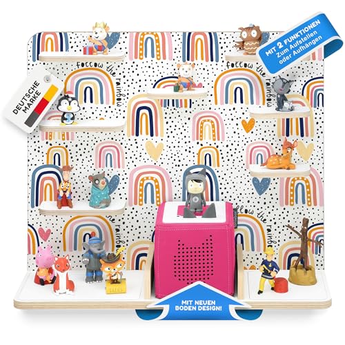 stadtecken Holzregal für Musikbox I Geeignet für die Toniebox und ca. 50 Tonies I Perfekte Tonie Aufbewahrung im Kinderzimmer I Zum Aufstellen oder Aufhängen I Follow The Rainbow, groß von stadtecken