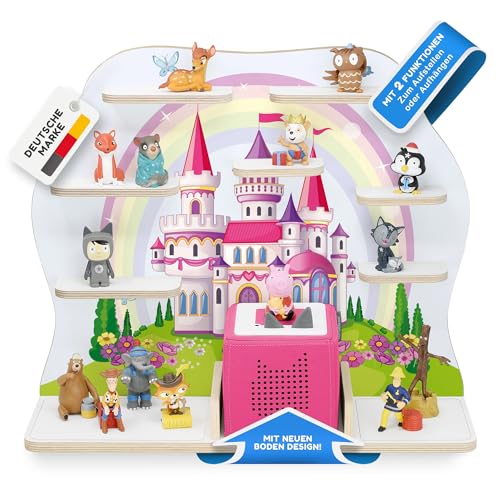 stadtecken Holzregal für Musikbox I Geeignet für die Toniebox und ca. 50 Tonies I Perfekte Tonie Aufbewahrung im Kinderzimmer I Zum Aufstellen oder Aufhängen I Märchenschloss, groß von stadtecken