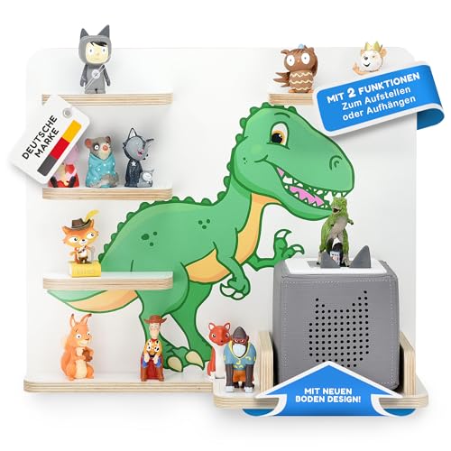 stadtecken Holzregal für Musikbox I Passend für die Toniebox und ca. 35 Tonies I Perfekte Aufbewahrung im Kinderzimmer I zum Aufstellen oder Aufhängen (T-Rex) von stadtecken