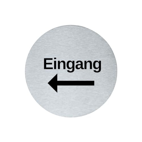 stahl-design-tebart Hinweisschild Piktogramm rund 7,5 cm Edelstahl selbstklebend 3M Klebefläche graviert Edeloptik elegante Beschilderung langlebig EINGANG LINKS- 7,5x7,5x0,1cm von stahl-design-tebart
