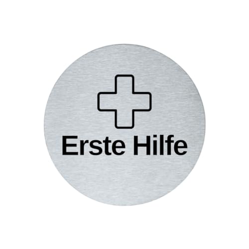 stahl-design-tebart Hinweisschild Piktogramm rund 7,5 cm Edelstahl selbstklebend 3M Klebefläche graviert Edeloptik elegante Beschilderung langlebig ERSTE HILFE- 7,5x7,5x0,1cm von stahl-design-tebart