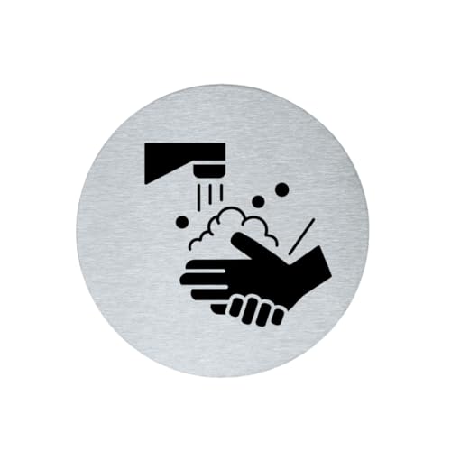 stahl-design-tebart Hinweisschild Piktogramm rund 7,5 cm Edelstahl selbstklebend 3M Klebefläche graviert Edeloptik elegante Beschilderung langlebig HÄNDE WASCHEN- 7,5x7,5x0,1cm von stahl-design-tebart