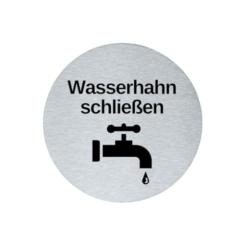 stahl-design-tebart Hinweisschild Piktogramm rund 7,5 cm Edelstahl selbstklebend 3M Klebefläche graviert Edeloptik elegante Beschilderung langlebig WASSERHAHN SCHLIESSEN- 7,5x7,5x0,1cm von stahl-design-tebart